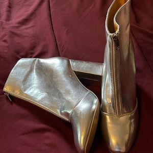 Silver Square Toe Front Zip Ankle Boots